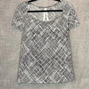 IZOD L Large Top Shirt Black Geometric Short Sleeve Square Neck Stretch P19